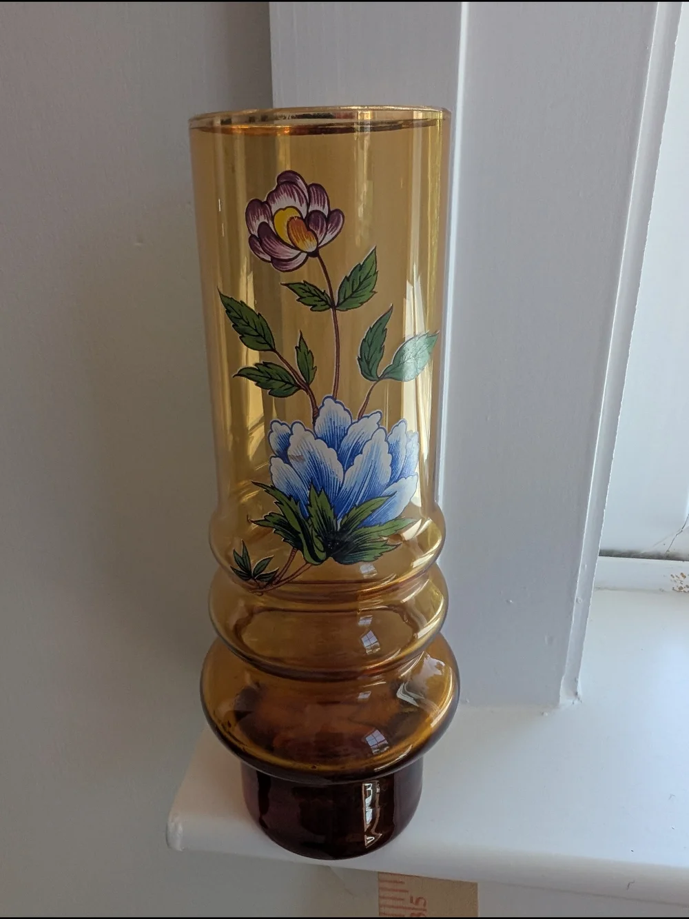 VTG Norleans Made In Italy Amber Glass Hand Painted Floral Cylinder Vase 7